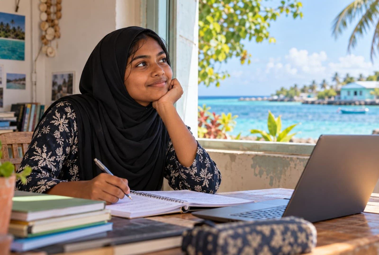 A student smiling at her desk by a window facing the lagoon